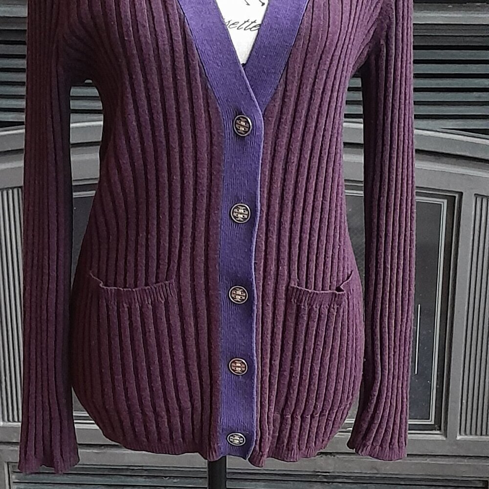 Tory Burch Cardigan Ribbed Burgundy with Purple Trim - Picture 3 of 7